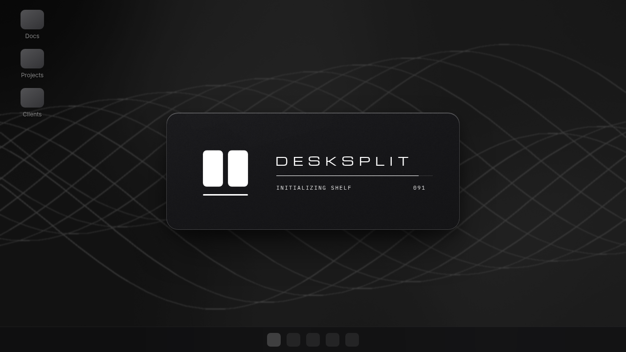 DeskSplit Monolith splash card on a dark desktop