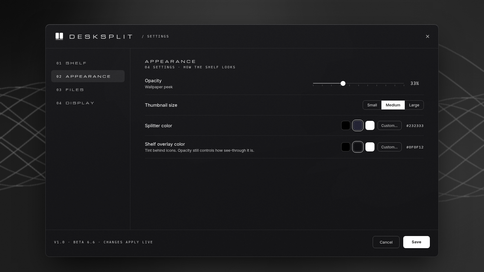 DeskSplit settings: opacity, thumbnail size and splitter color